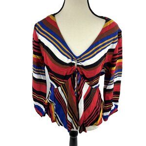 Express Womens Blouse Tie Front Striped Boho Top Puff Sleeve Multicolor M